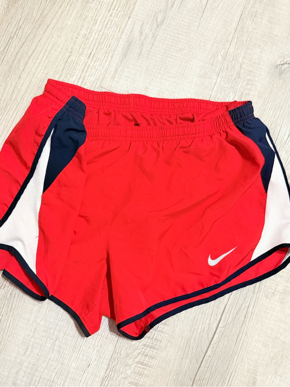 Nike Women's Red Athletic Shorts with Navy & White Trim